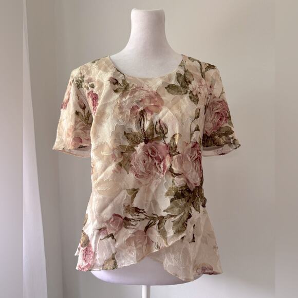 Vintage Y2K R&M Richards Petite Cream Floral Print Short Sleeve Blouse - Picture 1 of 5